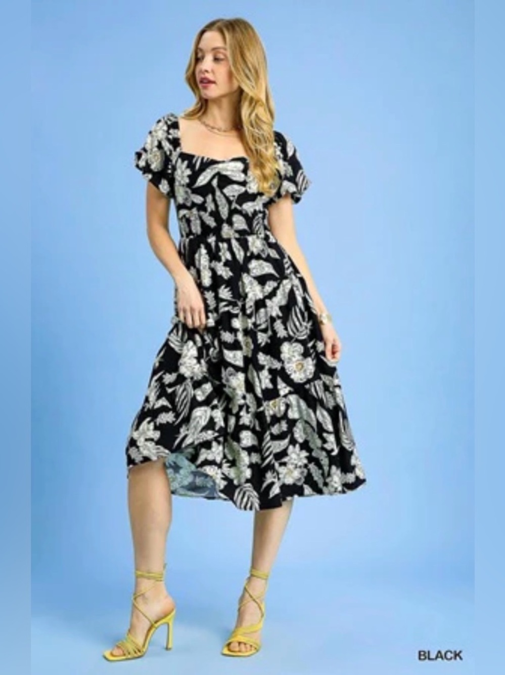NWT Umgee Smocked Puff Sleeve Midi Dress ~ Black Floral